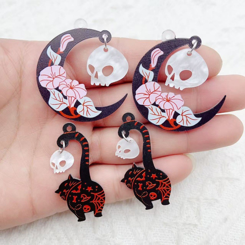 Earrings - 10pcs Halloween Acrylic Ghost Black Cat