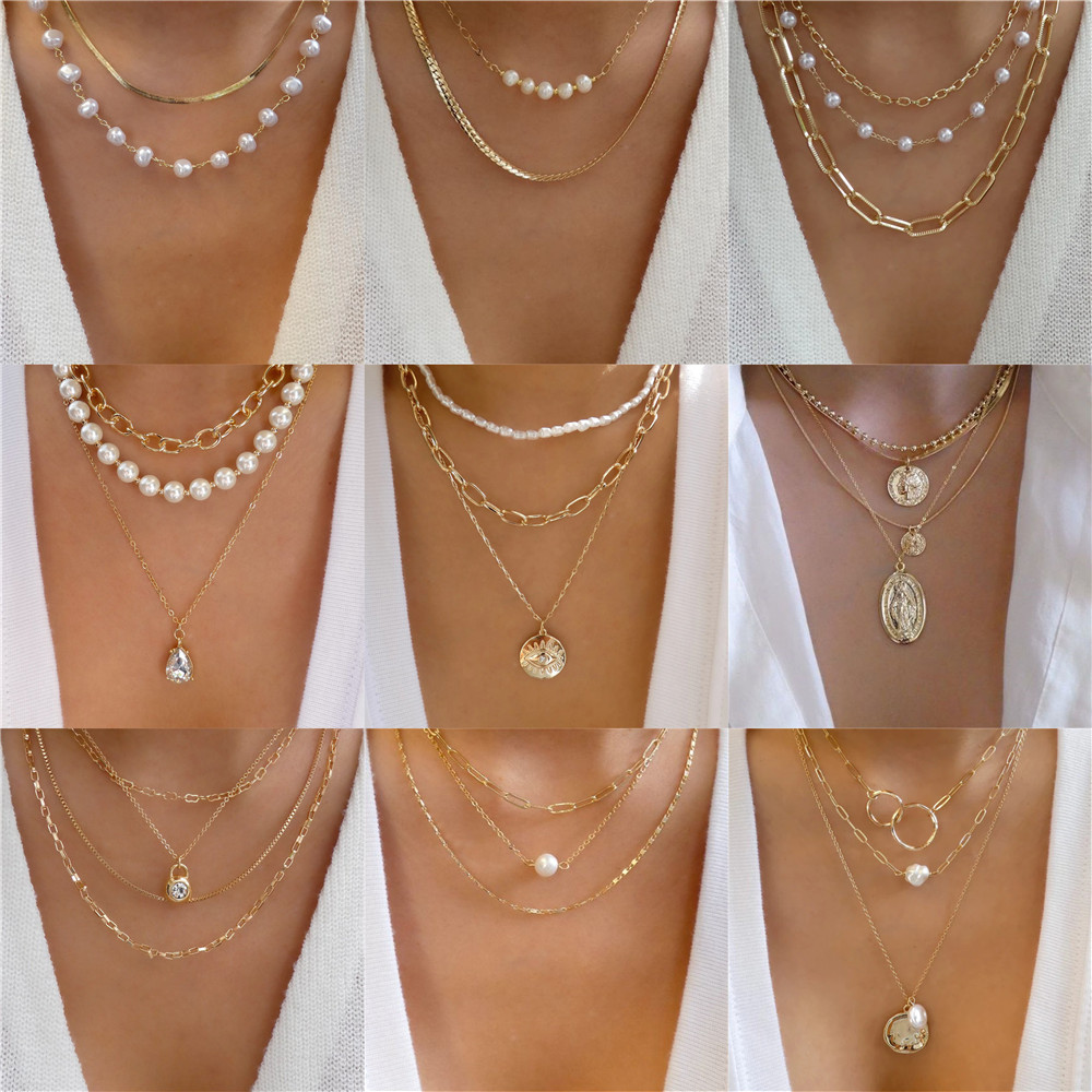 Pearl Choker Necklace Vintage - Trendy Gold-plate Geometric Beads Crystal Multilayer