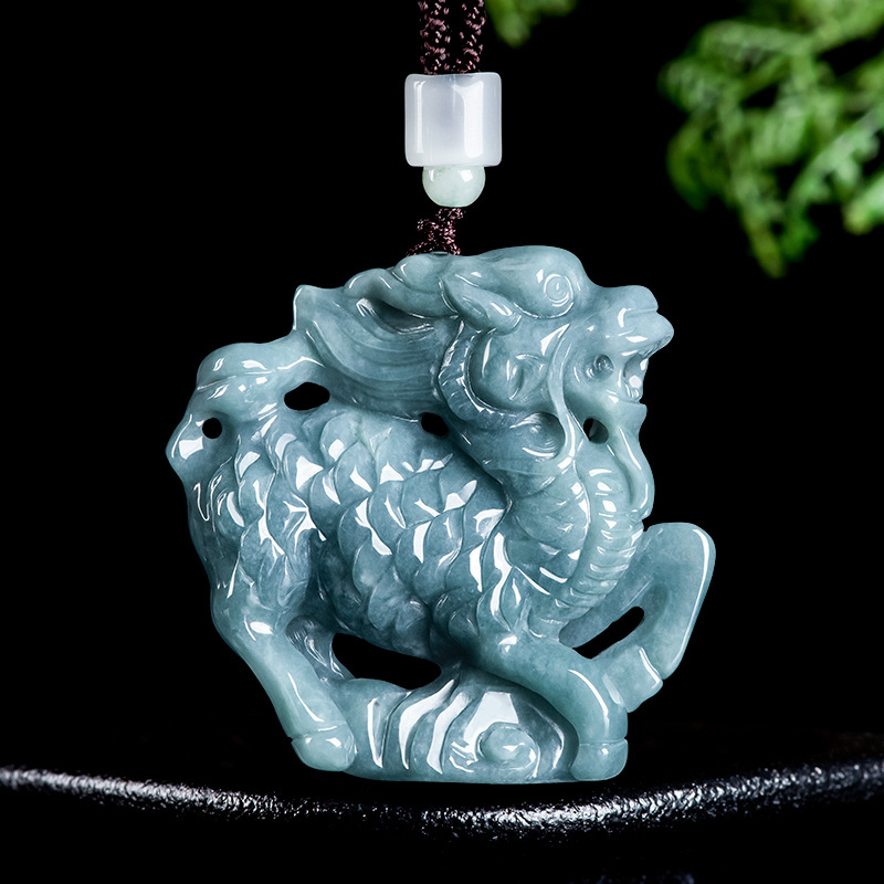 Necklaces - Burmese Jadeite Kylin Pendant Necklace Carved
