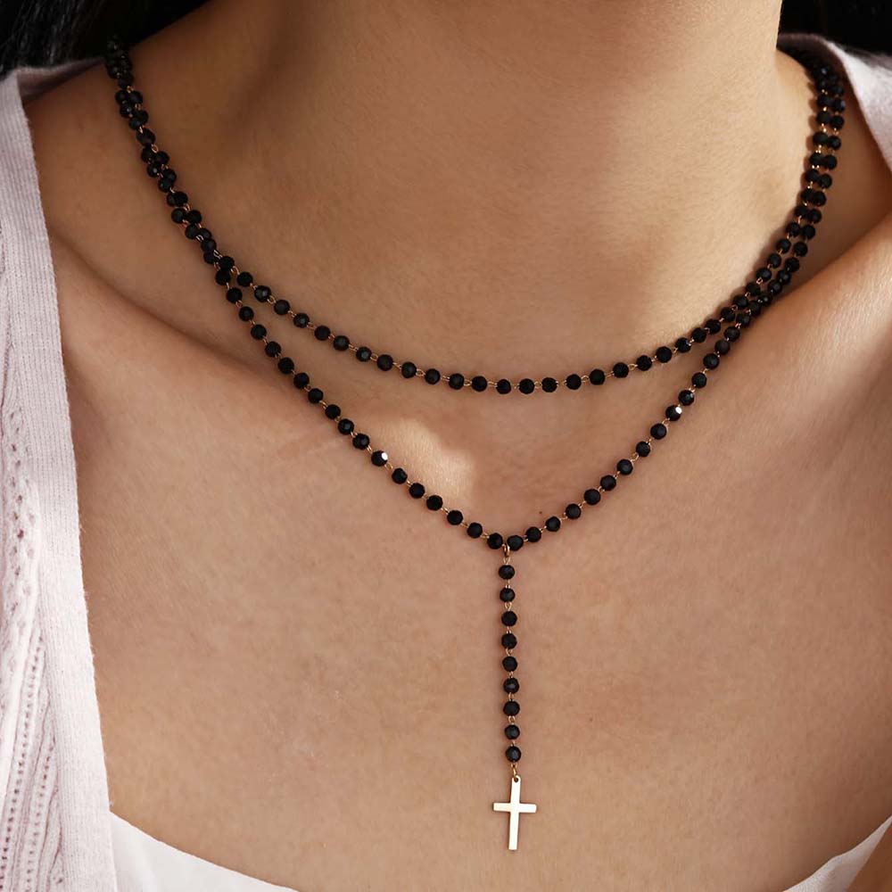 Layered Pendant Necklace Aesthetic - Gothic Double Layer Black Crystal Beaded