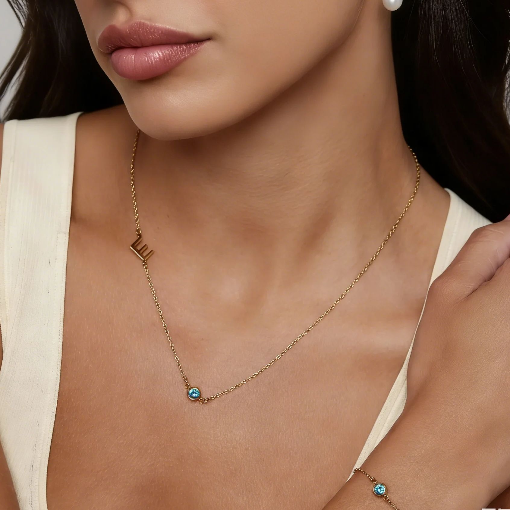 Initial Letter Necklace 18K Gold - Side Set Initial Birthstone Necklace 18K