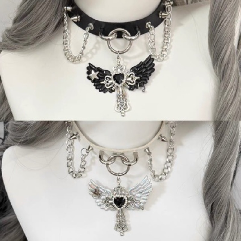Layered Pendant Necklace Aesthetic - Gothic Subculture Angel Wing Cross Pendant
