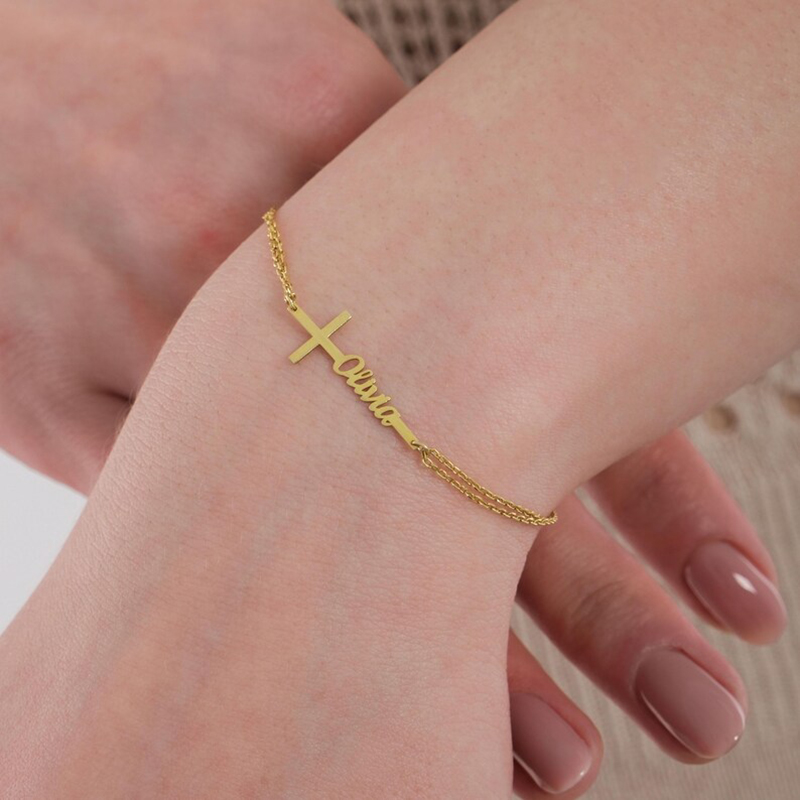 Custom Baptism Name Bracelet P - Cross Pendant Necklace Gold ulasan dan harga