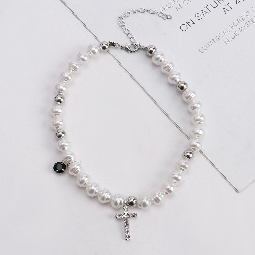 Vintage Pendant Crystal Cross  - Pearl Choker Necklace Vintage ulasan dan harga