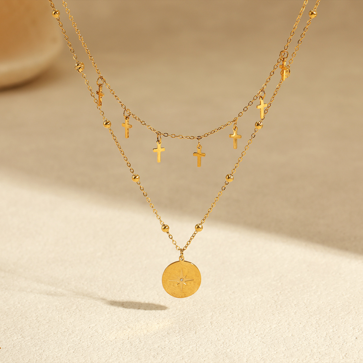 Vintage Double Layer Cross Nec - Layered Pendant Necklace Aesthetic ulasan dan harga