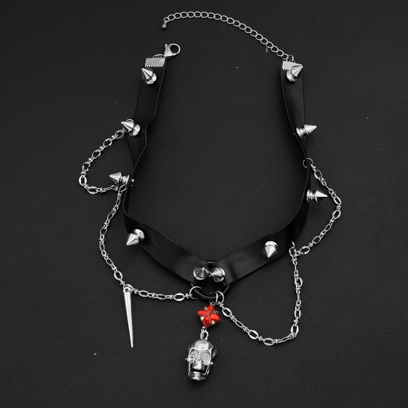 Dark Skull Leather Choker, Y2K - Goth Punk Spike Choker ulasan dan harga