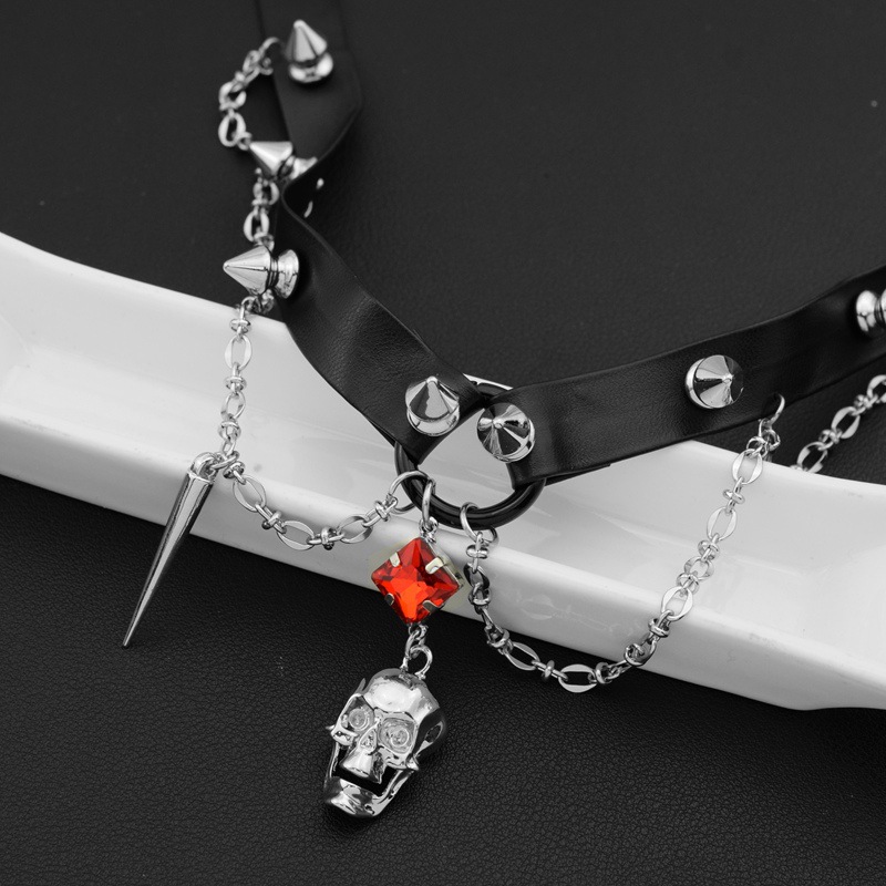 Dark Skull Leather Choker, Y2K - Goth Punk Spike Choker ulasan dan harga