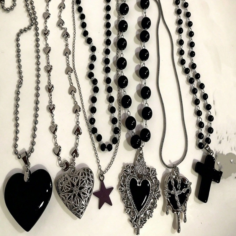 6Pcs Gothic Layered Necklace S - Layered Pendant Necklace Aesthetic ulasan dan harga