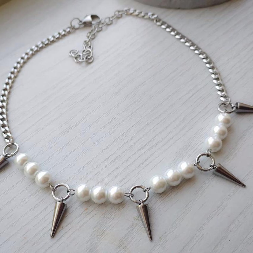 Egirl Pearl Spike Necklace DIY - Goth Punk Spike Choker ulasan dan harga