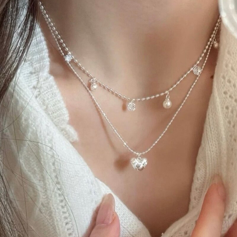 Double Layer Silver Bead Choke - Layered Pendant Necklace Aesthetic ulasan dan harga