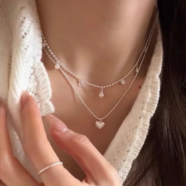 Double Layer Silver Bead Choke - Layered Pendant Necklace Aesthetic ulasan dan harga