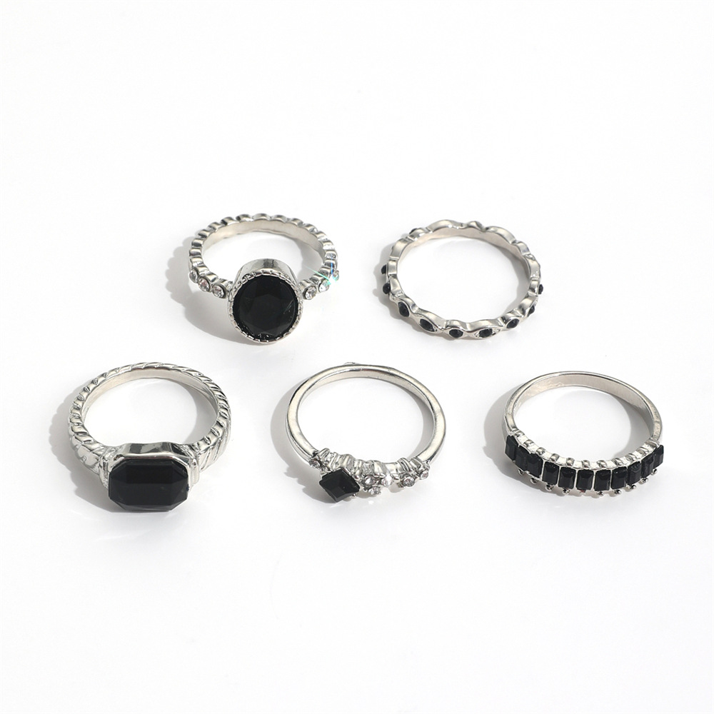 Retro Black Crystal Stone Ring - Vintage Punk Knuckle Rings Set ulasan dan harga