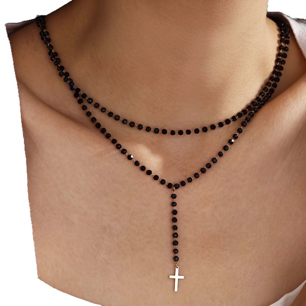 Gothic Double Layer Black Crys - Layered Pendant Necklace Aesthetic ulasan dan harga