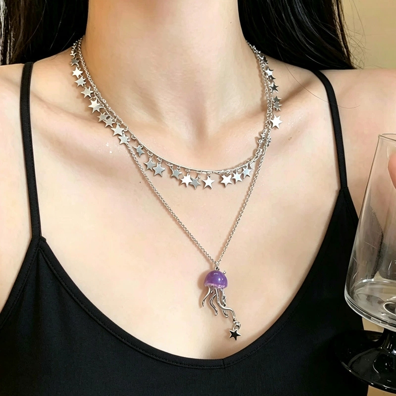 Cute Purple Jellyfish Ocean St - Layered Pendant Necklace Aesthetic ulasan dan harga
